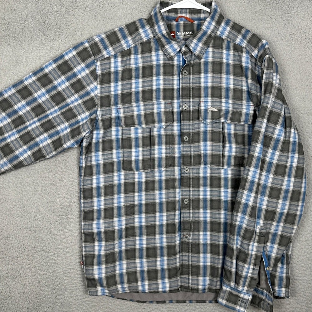 Simms Shirt Mens Large Guide Flannel Blue Grey Plaid Thermal Lined Button Down